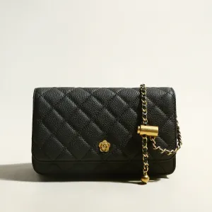 Black Quilted Bag with Golden Cylinder Chain Straps