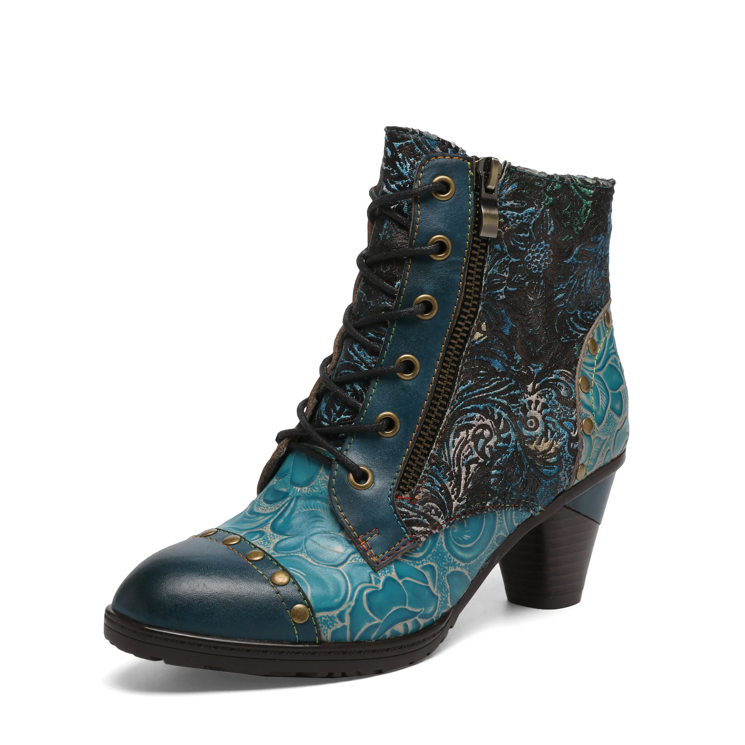 CrazycatZ Womens  Boots Bohemian Block Heel Leather Floral Boots Colorful Leather Heeled Ankle Boots Studded Light Blue