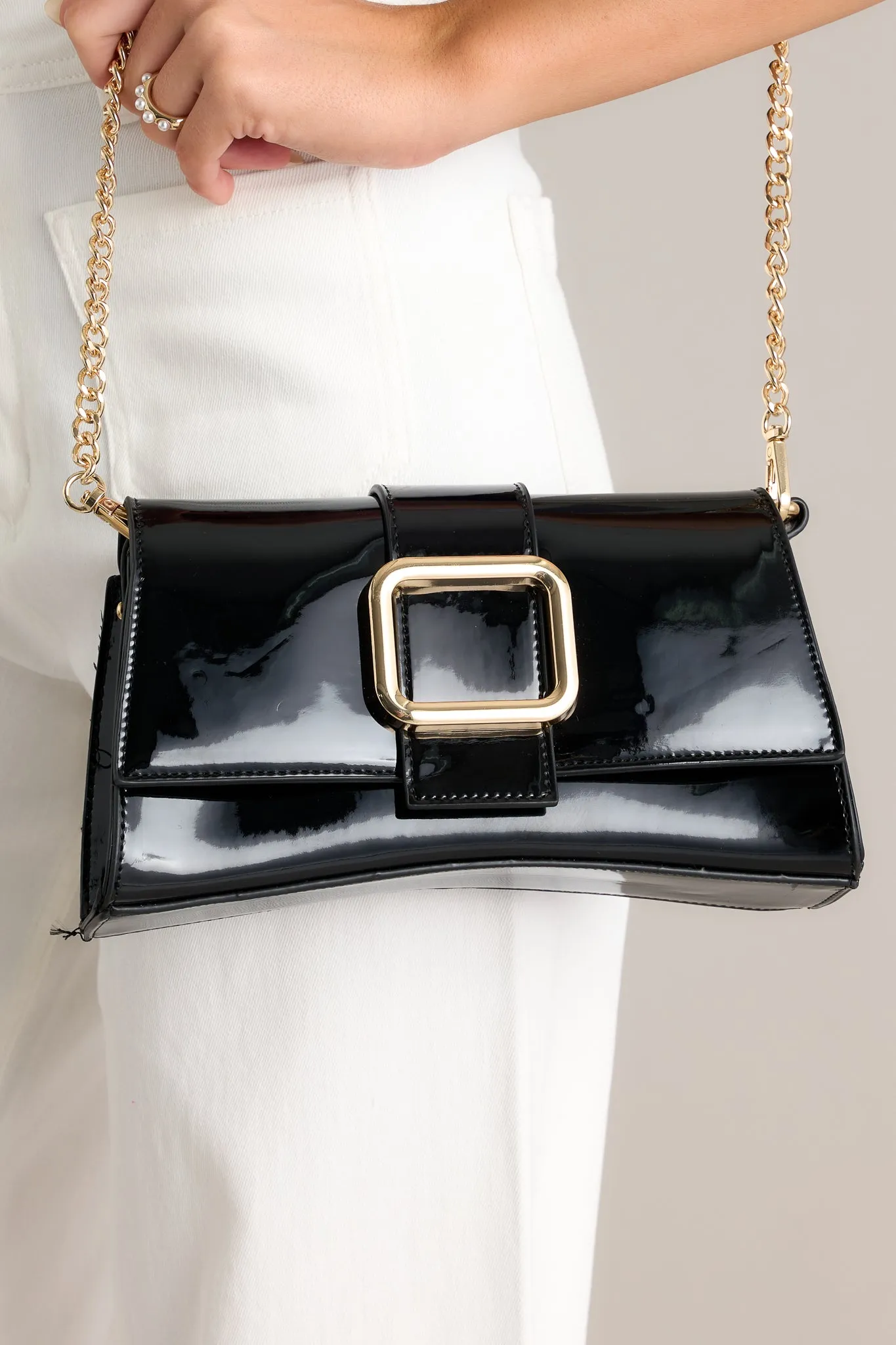 Elegant Allure Black Glossy Handbag