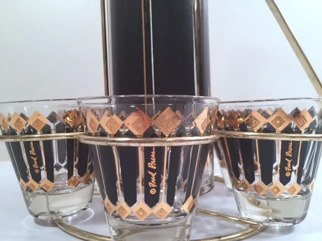 Fred Press Signed Mid-Century Black and 22-Karat Gold Diamonds Retro 8-Piece Cocktail Set (1 Pitcher, 1 Carrier, 6 Glasses)