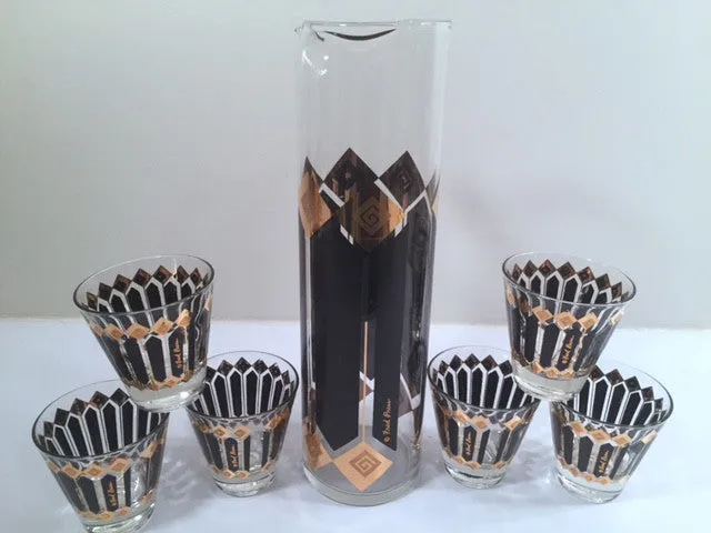 Fred Press Signed Mid-Century Black and 22-Karat Gold Diamonds Retro 8-Piece Cocktail Set (1 Pitcher, 1 Carrier, 6 Glasses)