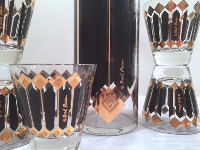 Fred Press Signed Mid-Century Black and 22-Karat Gold Diamonds Retro 8-Piece Cocktail Set (1 Pitcher, 1 Carrier, 6 Glasses)