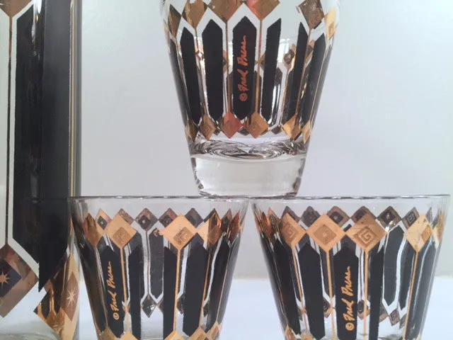 Fred Press Signed Mid-Century Black and 22-Karat Gold Diamonds Retro 8-Piece Cocktail Set (1 Pitcher, 1 Carrier, 6 Glasses)