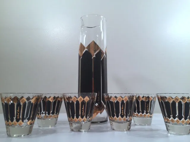 Fred Press Signed Mid-Century Black and 22-Karat Gold Diamonds Retro 8-Piece Cocktail Set (1 Pitcher, 1 Carrier, 6 Glasses)