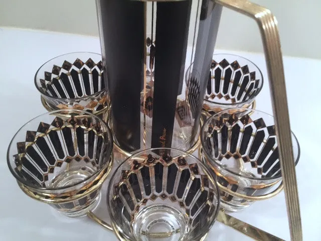 Fred Press Signed Mid-Century Black and 22-Karat Gold Diamonds Retro 8-Piece Cocktail Set (1 Pitcher, 1 Carrier, 6 Glasses)