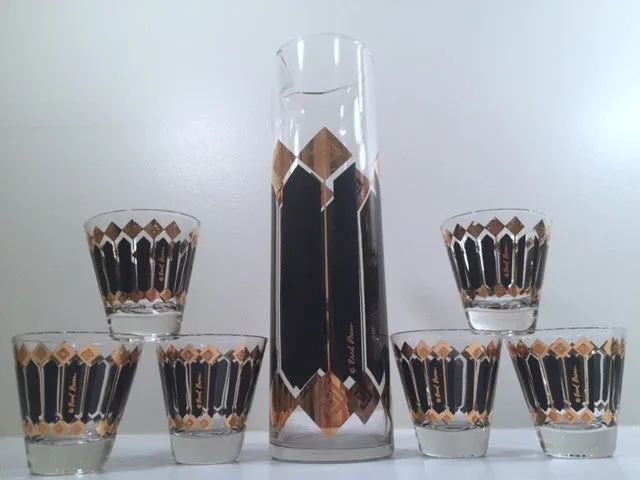 Fred Press Signed Mid-Century Black and 22-Karat Gold Diamonds Retro 8-Piece Cocktail Set (1 Pitcher, 1 Carrier, 6 Glasses)