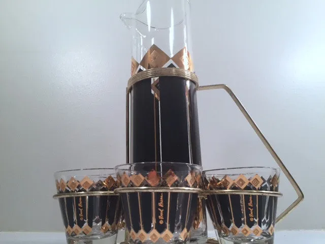 Fred Press Signed Mid-Century Black and 22-Karat Gold Diamonds Retro 8-Piece Cocktail Set (1 Pitcher, 1 Carrier, 6 Glasses)