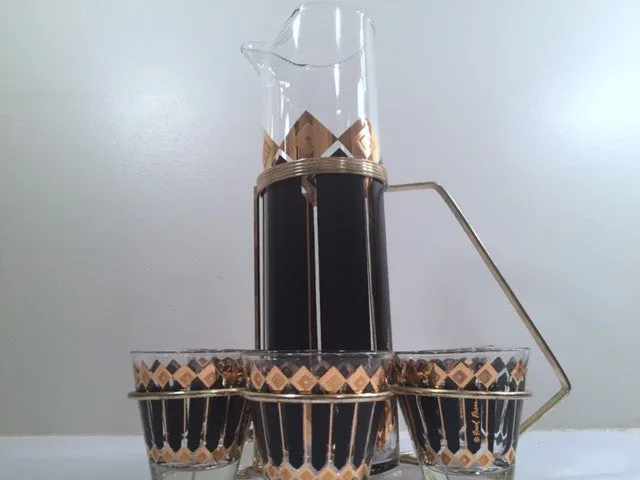 Fred Press Signed Mid-Century Black and 22-Karat Gold Diamonds Retro 8-Piece Cocktail Set (1 Pitcher, 1 Carrier, 6 Glasses)