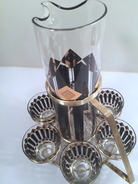 Fred Press Signed Mid-Century Black and 22-Karat Gold Diamonds Retro 8-Piece Cocktail Set (1 Pitcher, 1 Carrier, 6 Glasses)