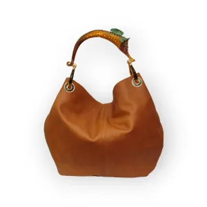 GRANDE BORSA IN MORBIDA PELLE BROWN CON MANICO CAVALLUCCIO MARINO