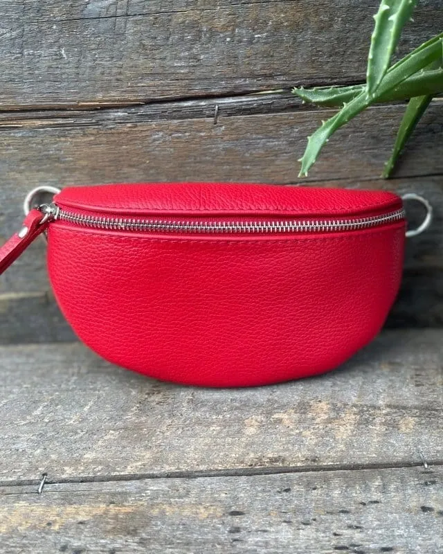 Leather Belt Bag - Red With Silver Finishings