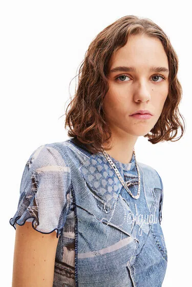 Patchwork Denim mesh  Top