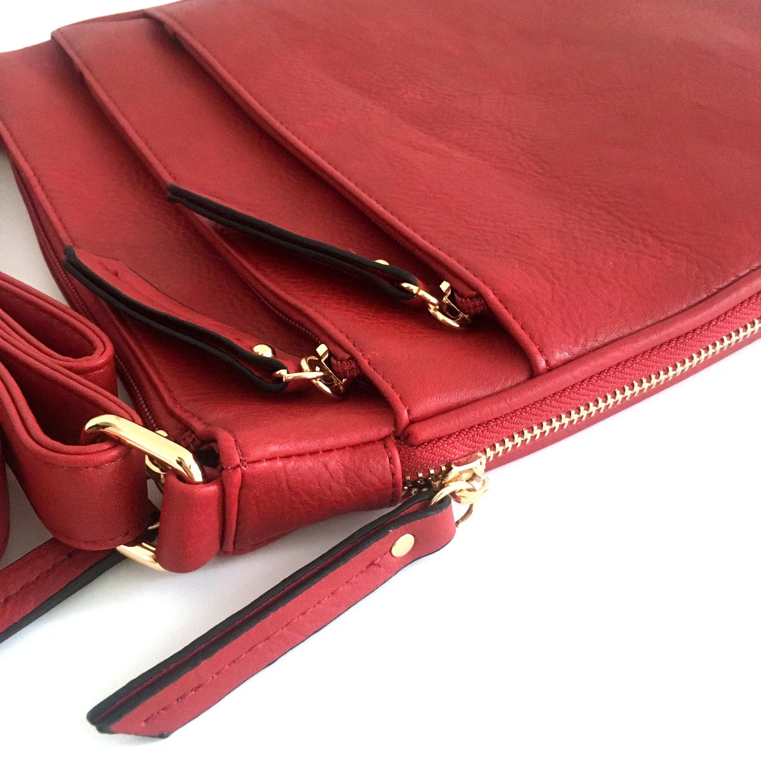 PLAIN CURVED RED MULTI COMPARTMENT CROSS BODY SHOULDER BAG