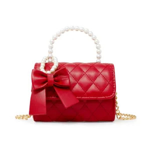 Quilted Peal Handle Bow Ribbon Purse- Red